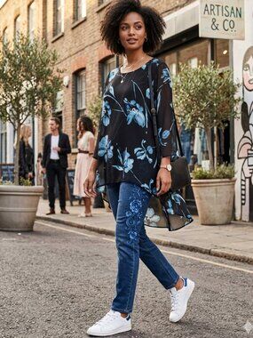 Alfani Luxe Floral Hi-Low Blouse Blue & Teal Sheer Chiffon Dressy Top Size L